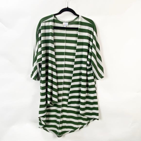 2/$30 Lularoe Small Womens Lindsay Oversized Green Ivory Striped Kimono Cardigan - Picture 1 of 8